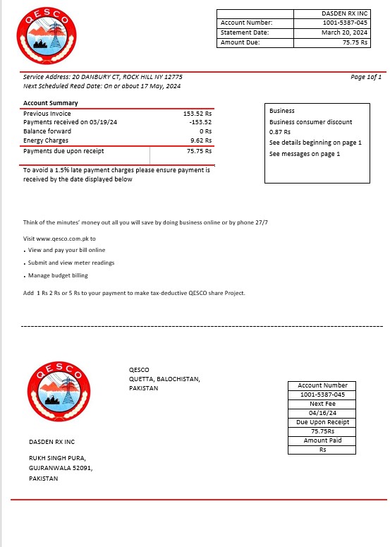 Pakistan Quetta Electric Supply Company electricity business utility bill template in Word and PDF formats